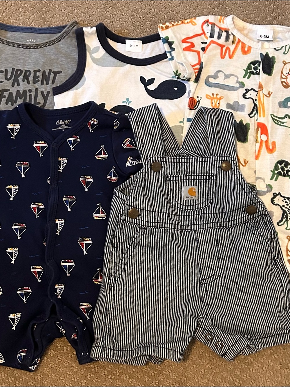 Carhartt Blue Stripe Baby Shortall with Mixed Pattern One-Pieces, Bundle of 5